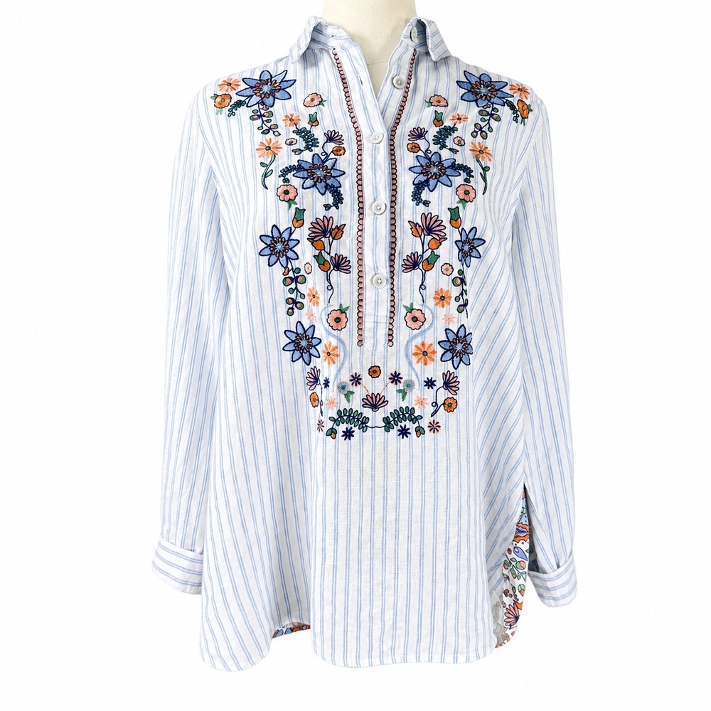 John Mark Women's Linen Blouse Floral Embroidered Blue Stripe S Coastal Boho